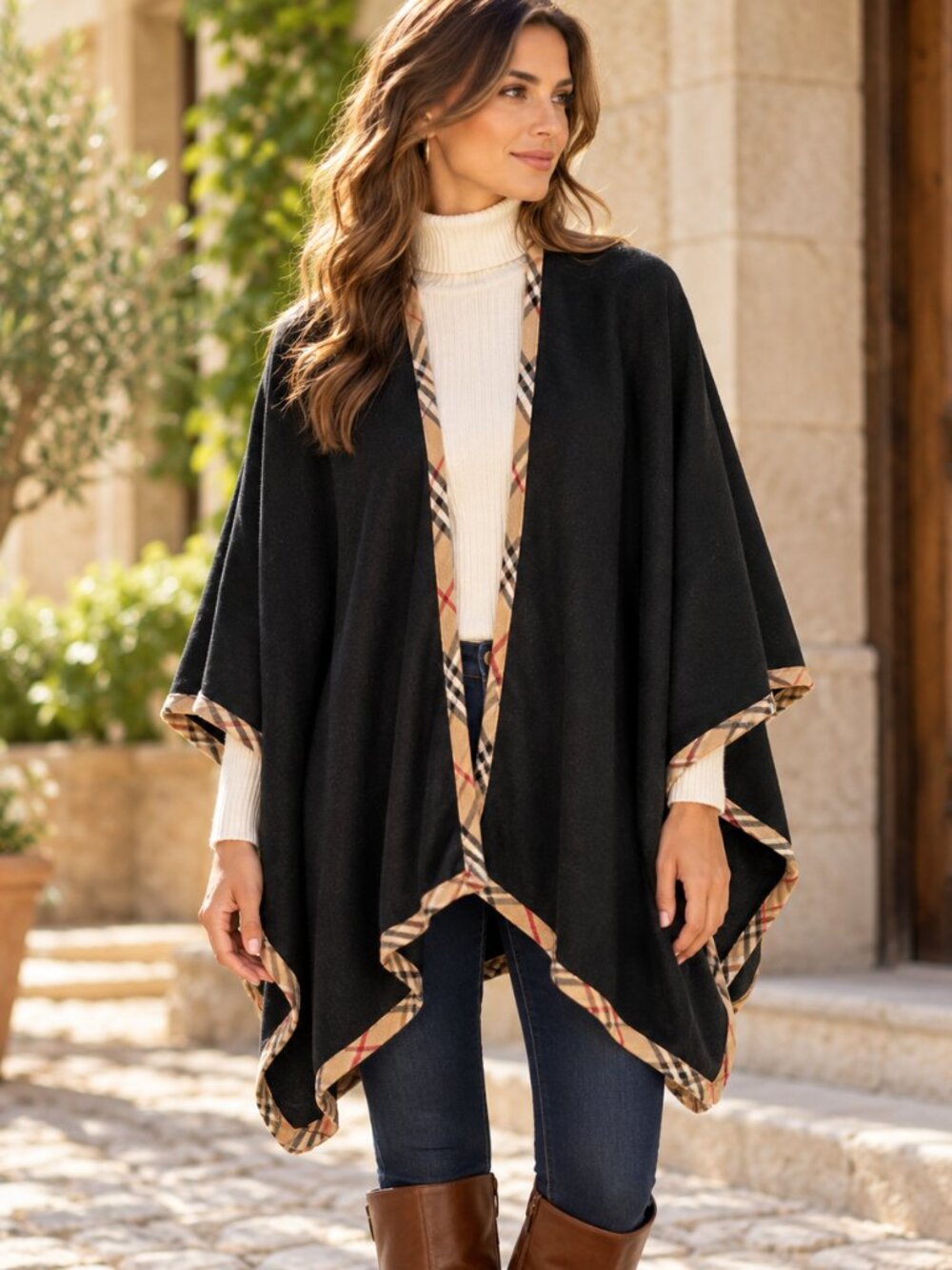 V Fraas Womens Black Wrap Shawl Cape Plaid Trim Lightweight Poncho Scarf Classic